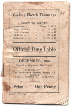 Cover of a vintage Geelong Electric Tramways Official Time Table booklet from December 1927, listing tram routes and price.