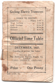 Cover of a vintage Geelong Electric Tramways Official Time Table booklet from December 1927, listing tram routes and price.
