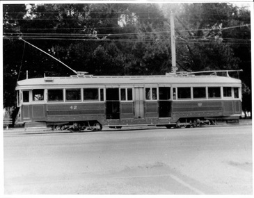 A vintage green and cream streetcar, number 42, sits on a track alongside a tree-lined street.