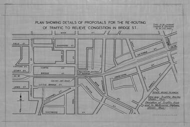 Plan - Re-routing proposal for Bridge St. Ballaarat, State Electricity Commission of Victoria (SECV), Plan showing details of proposals for the re-routing of traffic to relieve congestion in Bridge St (Ballaarat), Circa 1940s