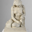 Sculpture of a naked woman, slumped onto her knees, with head bowed. She leans on a tambourine, and is seated on a square base