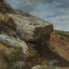 Painted landscape depicting large rocky boulders in centre and towards left. Low vegetation in foreground and to the right. Mountains and cloudy sky in background