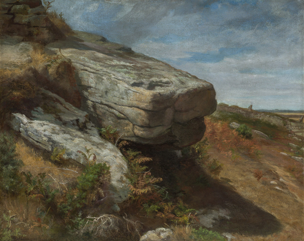Painted landscape depicting large rocky boulders in centre and towards left. Low vegetation in foreground and to the right. Mountains and cloudy sky in background