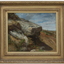 Painted landscape depicting large rocky boulders in centre and towards left. Low vegetation in foreground and to the right. Mountains and cloudy sky in background