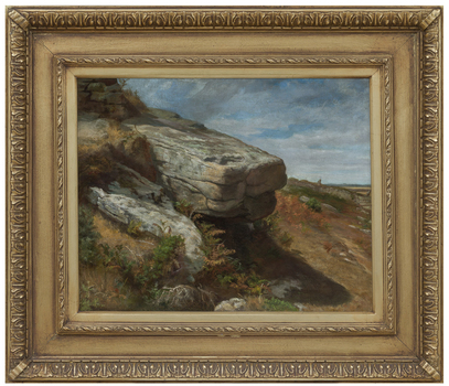 Painted landscape depicting large rocky boulders in centre and towards left. Low vegetation in foreground and to the right. Mountains and cloudy sky in background