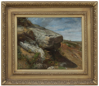 Painted landscape depicting large rocky boulders in centre and towards left. Low vegetation in foreground and to the right. Mountains and cloudy sky in background