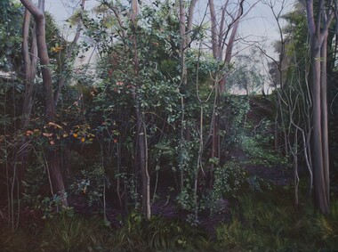 Landscape painting of trees and dense, overgrown vegetation along the steep landscape beside the train tracks.
