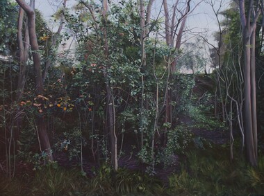 Landscape painting of trees and dense, overgrown vegetation along the steep landscape beside the train tracks.