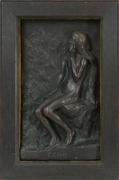 Bronzed relief plaster cast set in deep brown wood frame with mustard or bronze coloured fabric cladding on inside edge of frame. Subject is a naked woman, seated, with long flowing hair. She holds her left hand to her mouth. Rough abstract landscape behind subject.