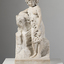 Off-white marble statue of a naked woman with a basket of fruit loosely held in her left hand and tipping outwards over her knees. Her right arm leans on a rock. Her feet stand on a rectangular base.