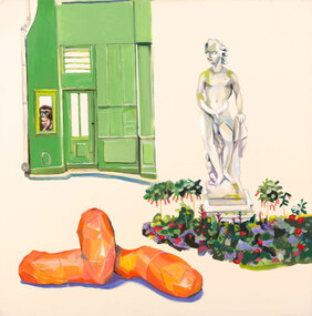 A painting of three seemingly unrelated components including a green stylised building with a monkey looking out through a window located in the top left half of the work. To the right is a classical stone sculpture on low plinth with stylised flower bed around it. Lastly is an orange organic sculptural form in foreground