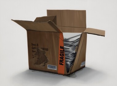 A photorealistic depiction of a broken cardboard box with a collection of white documents inside. The box is split at the edge with water seeping below it.