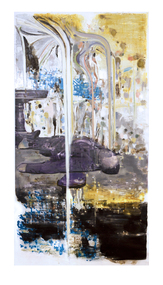 Painting depicting a male figure in a purple suit lays on his back on the ground with a hat beside him. A pedestal to the left. Both foreground and background are more abstract with splotches and swirls of colour