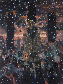 Painting of a central skeletal figure wearing a tall fur skin hat is is surrounded by smaller, dream-like figures. Behind them is a cloudy, somber-palette background, with a city in the distance. Snow is falling across foreground of painting. 