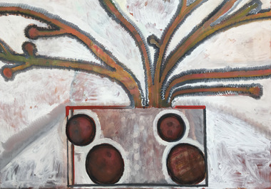 Painting of a anthropomorphic boombox in white and maroon, with pulsating antennae coming out of the work. The background, largely white is an undefined space