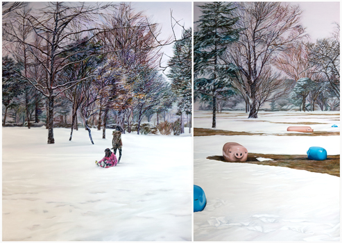 Two panel painting of a snow covered landscape. Trees are in the background, ground completely covered in snow, two figures on the left panel, pink and blue cylindrical pig models or sculptures scattered in the right panel. 