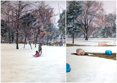 Two panel painting of a snow covered landscape. Trees are in the background, ground completely covered in snow, two figures on the left panel, pink and blue cylindrical pig models or sculptures scattered in the right panel. 