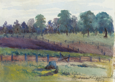 Landscape scene with fences in foreground and running up centre, trees in background and sky above.