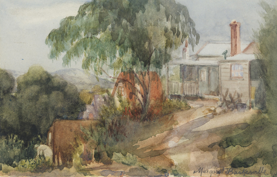  Landscape scene with cleared track leading to a farm shack with chimneys and a veranda in right corner, large tree in centre and distant mountain. To the left of the shack is smaller a-frame buildings. In the foreground on the left is a figure bending over the vegetation.