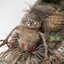 Close up of a small woven figure seated in a larger figure's lap. Made of woven feathers, rafia and seeds for eyes and mouth.