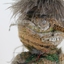Close up photograph of the head of a woven sculpture. It has rows of feathers and raffia with brown feathers for hair and, seeds for eyes and teeth.