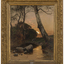 A painting of a landscape in a thick carved and gilded frame. The landscape is painted from a low vantage point, with water at the foreground with small and large rocks scattered throughout. The water is surrounded by overgrown reeds, grasses and trees. In the distance the sun is setting behind clouds. 