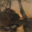 A painting of a landscape from a low vantage point, with water at the foreground with small and large rocks scattered throughout. The water is surrounded by overgrown reeds, grasses and trees. In the distance the sun is setting behind clouds.