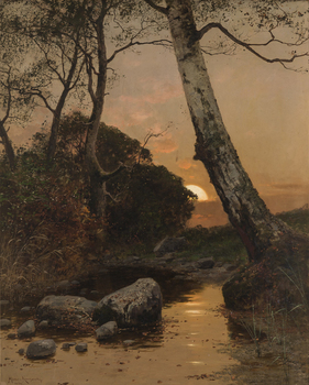 A painting of a landscape from a low vantage point, with water at the foreground with small and large rocks scattered throughout. The water is surrounded by overgrown reeds, grasses and trees. In the distance the sun is setting behind clouds.