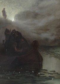  Dark, cloudy scene featuring a standing figure in the top left corner with white and yellow light coming from behind. In the foreground to the left is a timber boat with with several hooded mourning figures that are seated and standing over something unseen. The surrounding water is populated with lily pads