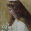 Portrait painting of a girl dressed in white holding white lily flowers. Her head is bowed and her eyes are closed, she has her hair half pulled back with a white bow.
