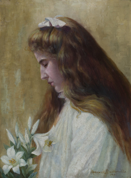 Portrait painting of a girl dressed in white holding white lily flowers. Her head is bowed and her eyes are closed, she has her hair half pulled back with a white bow.