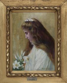 Portrait painting in a gold ornate frame of a girl dressed in white holding white lily flowers. Her head is bowed and her eyes are closed, she has her hair half pulled back with a white bow.