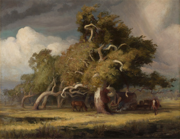 Landscape painting featuring a large gnarled tree in foreground with many similar trees behind. Horses, structure or tent and human figure near trees. Grey cloudy sky casting dark shadows on grass