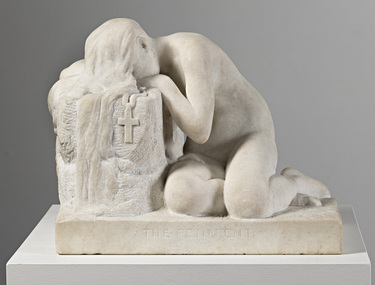 Marble sculpture of naked female slumped onto her knees, with lowered head. She leans on a shield bearing a cross. She sits on a rectangular base