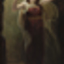 Painting of a female figure standing with arms upstretched and head bent backwards with eyes closed and cream cloak or hood partially covering her head and billowing out behind her. She wears a red or maroon sleeveless dress with white straps and a brown belt. A yellow light is coming from behind her, showing a path behind her.