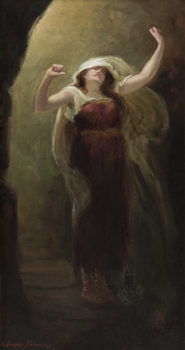 Painting of a female figure standing with arms upstretched and head bent backwards with eyes closed and cream cloak or hood partially covering her head and billowing out behind her. She wears a red or maroon sleeveless dress with white straps and a brown belt. A yellow light is coming from behind her, showing a path behind her.