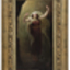 Painting of a female figure in a thick gold frame. She is standing with arms upstretched and head bent backwards with eyes closed and cream cloak or hood partially covering her head and billowing out behind her. She wears a red or maroon sleeveless dress with white straps and a brown belt. A yellow light is coming from behind her, showing a path behind her.