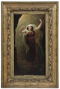 Painting of a female figure in a thick gold frame. She is standing with arms upstretched and head bent backwards with eyes closed and cream cloak or hood partially covering her head and billowing out behind her. She wears a red or maroon sleeveless dress with white straps and a brown belt. A yellow light is coming from behind her, showing a path behind her.