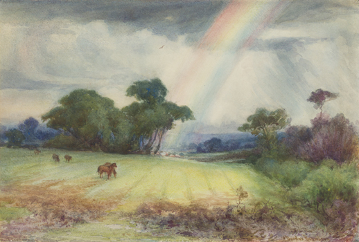 Rural landscape of horses grazing on green field. Trees to the right and in the background. Cloudy sky with rainbow coming down from the top right.