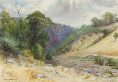 Landscape with rocky ground, trees and bushes on either side of gorge, blue mountains in background. Cloudy grey and blue sky above.