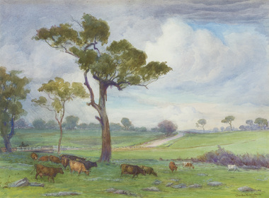 Landscape with brown cows grazing in foreground under large tree. More trees, a figure riding a horse and a road in the background. Cloudy sky and rain to the left. 