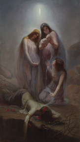 Painting depicting two women standing with one of them holding an infant. A third woman kneels in front of them. A fourth woman lies face down on the ground near a precipice with red flowers on her hair and on the ground beside her. A vapour curls from prone woman towards infant. A bright star or light shines from the sky
