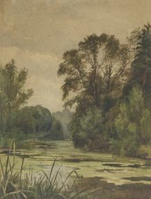 Landscape of a calm body of water with green vegetation across it and grass in foreground, trees and other foliage surrounding. Cloudy sky