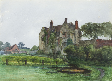 Watercolour of a large European double story stone building,  with pond, bushes, trees and grass surrounding it. Blue grey sky. 