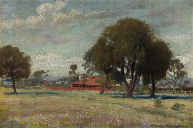 Painting of a landscape with a red farm house in centre, surrounded by trees on either side partially obscuring the house. Flowery meadow in foreground, cloudy sky above. 