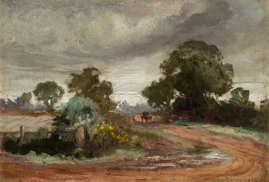 Winding dirt road in foreground with a horse and carriage in distance. Smaller tree next to yellow flowers in middle ground and larger trees in background. Dark grey sky
