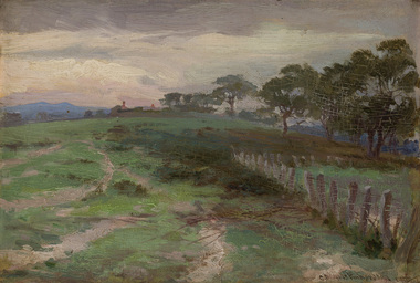Rural landscape with grass, trees and fence. Roof and chimneys of house barely visible at the top of hill. Blue hills in background. Sky has shades of purple and white.