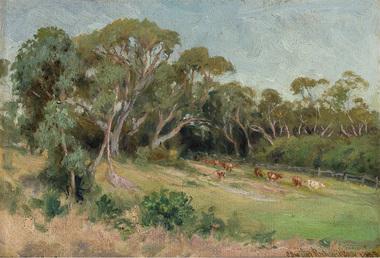 Landscape with herd of cows on a sloping field in centre of work. Trees surrounding them and a fence behind and to the right. 