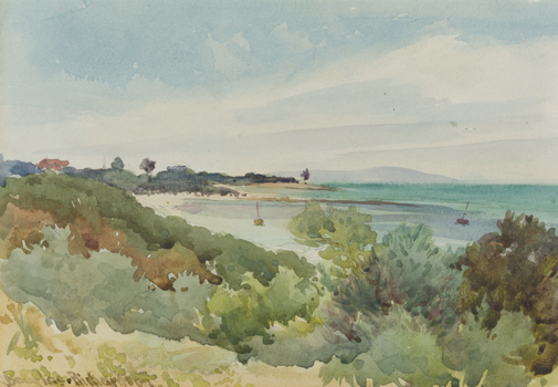 Watercolour of a coastal scene. Bushes in foreground, sea to the right with two boats. Mountain range and sky in background.