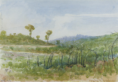 Watercolour of a landscape with aa line of dead saplings in the foreground and green foliage all around. Hill with trees and mountain range in background with cloudy sky above.